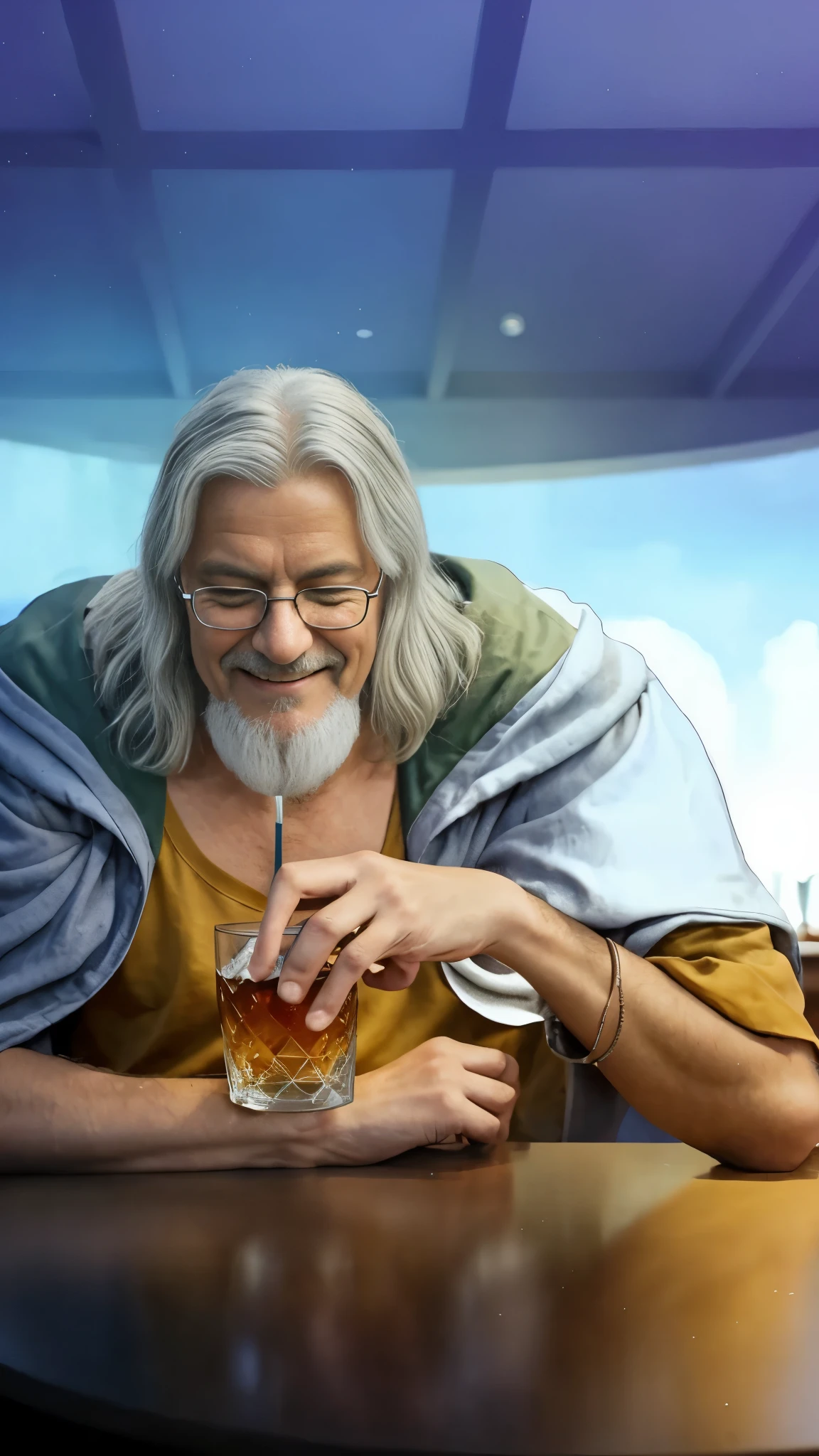 (masterpiece), (realistic), (ultra detailed), ( high reest quality), (photorealistic), (perfect face), (perfect anatomy), (((old man))), (((muscular))), (((male))), solo, (((50 years old))), Silvers Rayleigh from one piece, Silvers Rayleigh, white hair, long wavy hairstyle, a few strands of hair to the fore, wearing glasses, wearing a long brown shirt, wearing a white robe and the inside of the robe is dark green, the character's facial expression is happy, the character's face is smiling and both eyes are closed, the character's right hand is holding a glass filled with liquor while his left hand is leaning on table, a character is sitting at a bar holding a glass