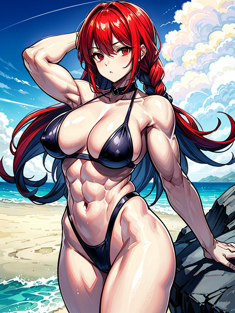 (((masterpiece、Highest image quality、highest quality、highly detailed unity 8kwallpaper)))、((Illustration of one girl))、(((beautiful girl)))、((red hair、Braid、sidelocks:1.2、red eyes))、(((stocky build:1.2, thickset physique:1.3, muscular legs, broad shoulders:1.3, solid chest:1.2)))、swimsuit、sandy beach