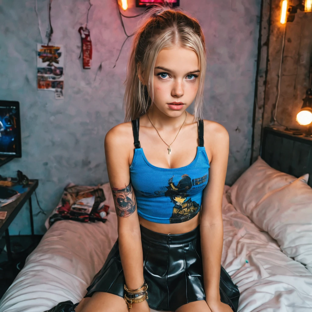 1 girls,  perfect likeness of TaisaSDXL wearing blue and gold crop top and short skirt pulled up. Clothing torn, girls clothes and face is dirty from battle. She is petite and slim, small girl, short girl, fine detailed eyes, weapons slung over shoulder, sitting on a bed In a cyberpunk steel bunker with hatches etc., in the background. , professionally color graded, professional photography, well drawn, masterpiece, hyper realistic, ultra detailed, high quality, best quality, 4k, 8k, hi resolution, very young girl, young face, cute, beautiful, ((NSFW、realistic)), 