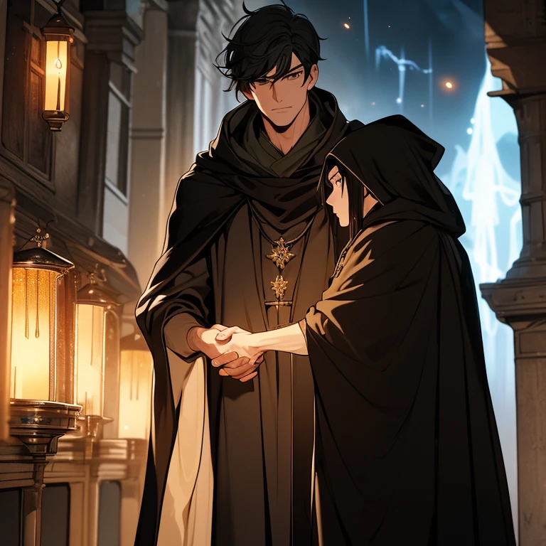 (absurdres, highres, ultra detailed), masterpiece, best quality, two men holding hands. one man is strong and tall, handsome, black hair, black cloak. The other man has brown hair, long green cloak, background is a lighthouse. Fireflies around them.