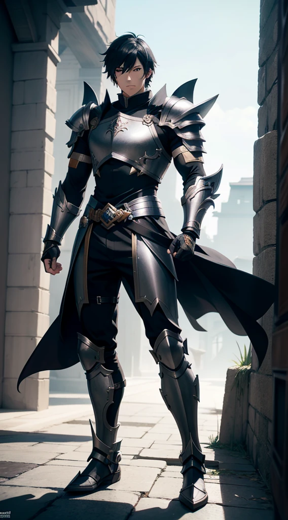 full body shot of anime male warrior, handsome face, short black hair, fantasy metal armor, character concept art, Sakimichan style, Unreal Engine 5, Octane render, masterpiece, 4K