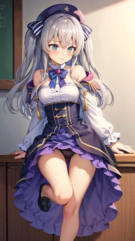 one girl,full body figure,big breasts、big boobs,big boobs,Perfect five-finger、mini skirt、Black panties are visible、Black Panties、shy face、Voluptuous legs、perfect thing、highest quality、big breasts、detailed description、small details、detailed face、white skin、lift skirt、Skirt flip、classroom、erotic pose、Celia Claire (Seirei Gensouki) 、 Celia Claire