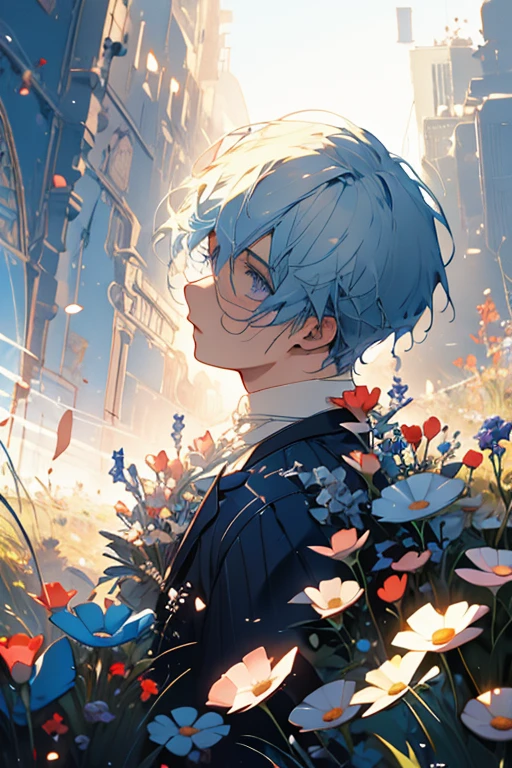 A muscular blue haired man with silver eyes is laying in a field of flowers in a suit.
