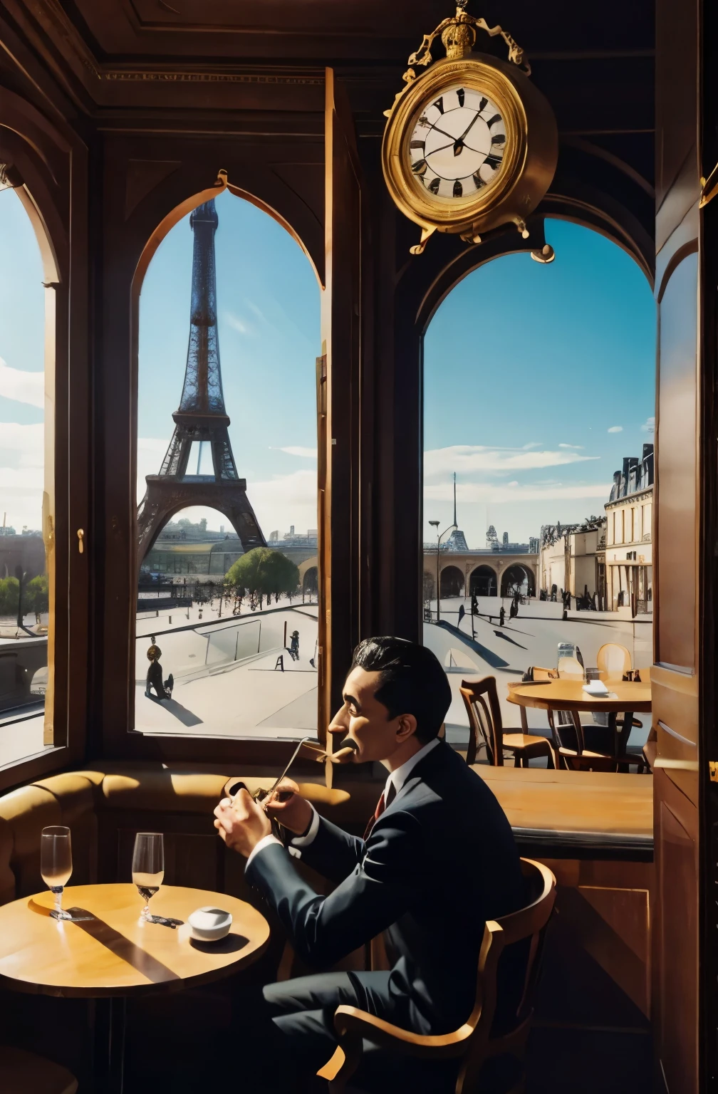 Paris Cafe. Facing the viewer Salvador Dali eats melting clock with fork