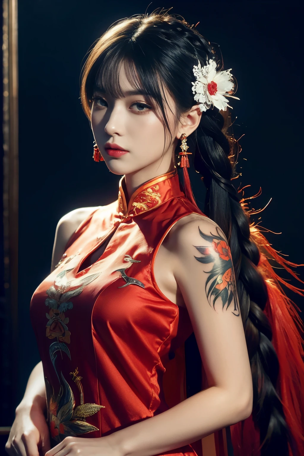 vibrant colors, female, masterpiece, sharp focus, best quality, depth of field, cinematic lighting, white hair, red eyes, braid, dress, long hair, red eyes, tattoo, earrings, jewelry, black dress, hair ornament, bangs, chinese clothes, breasts, china dress, sleeveless, 