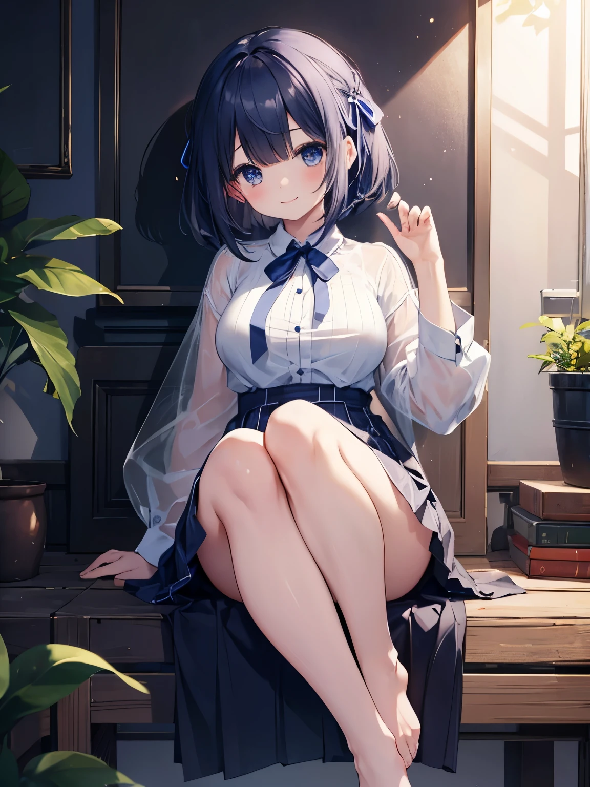 1 girl、uniform、white shirt、Dark blue ribbon、The ribbon is white striped、Dark blue checked skirt、beautiful legs、long bob、See-through、smile、big breasts、small eyes、barefoot、Highest image quality、masterpiece