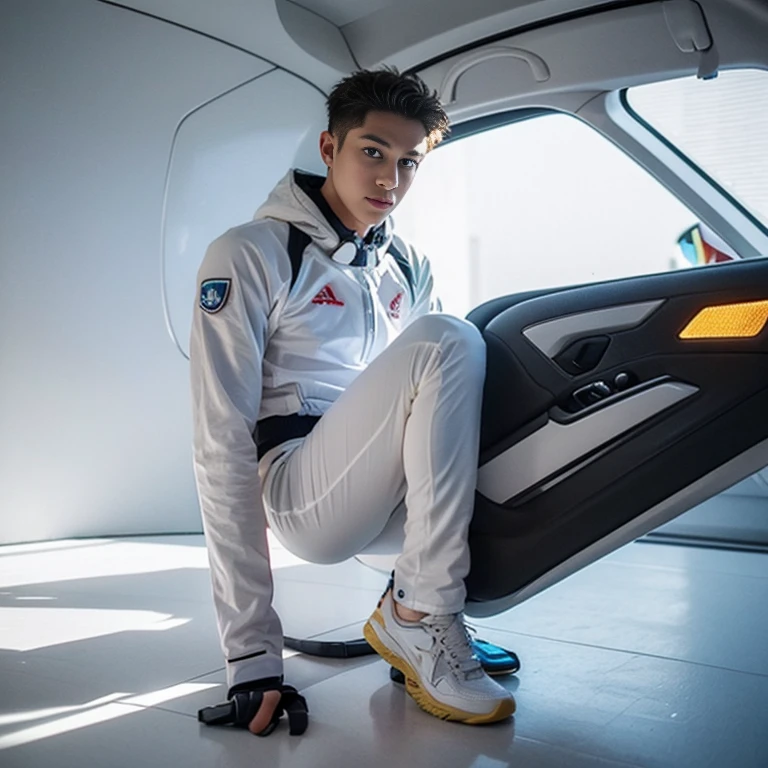 (futuristic, sci fi)Male in all white stealth suit, blonde hair, white gaunlets, full body suit, hands visible, hair visible, pale skin, beautiful face, masterpiece, white futuristic mouth mask, eyes visible。Watching Viewers True 8K light and shadow , nsfw , fulbody , fullbody portrait , leg ,