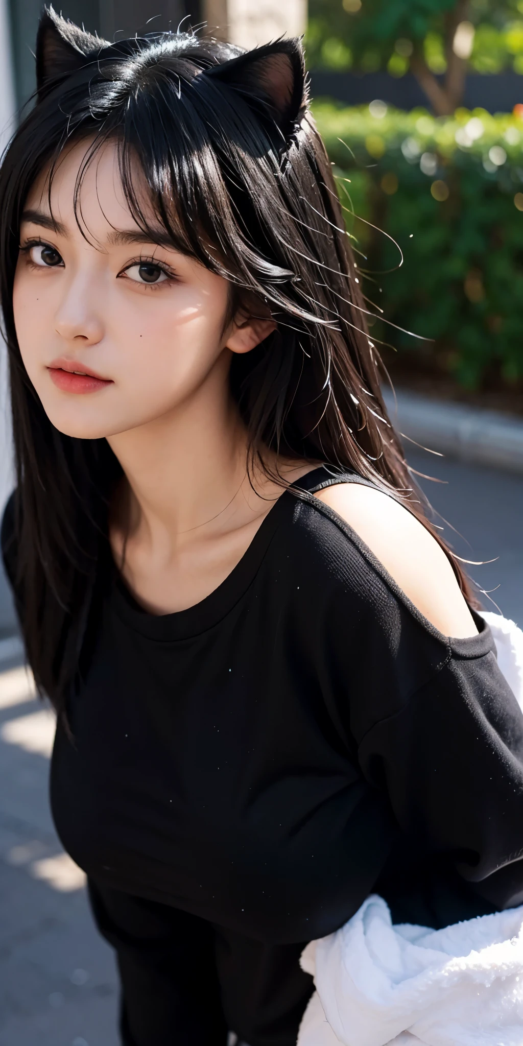 1girl,big breast , black hair, black eyes,high quality, ultra detailed, masterpiece, realistic, school clothes ,cat ears,