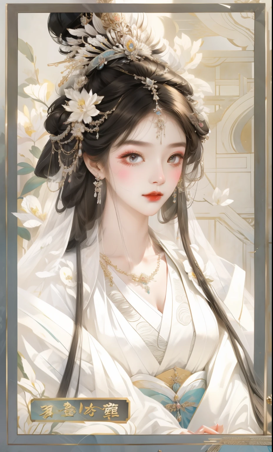 Close-up of woman wearing headdress and veil, beautiful fantasy queen, ((beautiful fantasy queen)), palace ， girl wearing hanfu, Inspired by Lan Ying, Inspired by Qiu Ying, beautiful figure painting, chinese princess, queen of china, Inspired by Huang Ji, white hanfu, dragon, Inspired by Ma Yuanyu