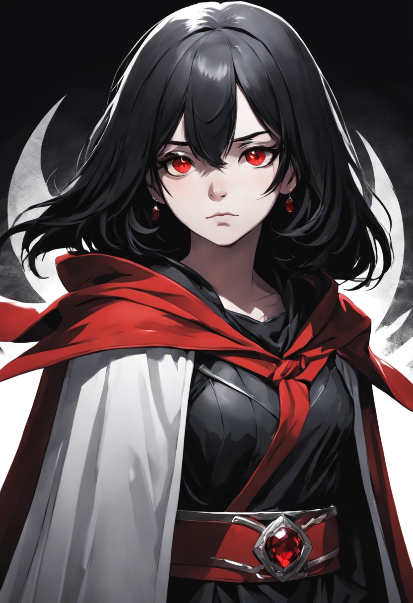 Manga style, female as Raven looking at viewer, black hair, black background, belt, hood and cape, red gemstone on forehead, quiet mood, centered composition, high-quality, ink, outline, comics lineart, black and white Manga