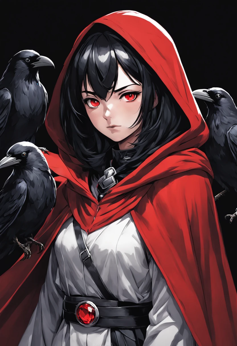 Manga style, female as Raven looking at viewer, black hair, black background, belt, hood and cape, red gemstone on forehead, quiet mood, centered composition, high-quality, ink, outline, comics lineart, black and white Manga