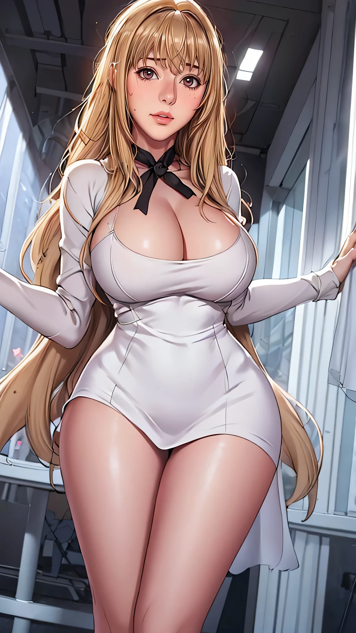 （（（aldult,blonde hair,long hair,brown eyes, （（（Denia，Manha，White shirt,pencil skirt,black pantyhose, ））），（（（wide hips））），S-shaped body:1.7））），((masterpiece)),high resolution, ((Best quality at best))，masterpiece，quality，Best quality，（（（ Exquisite facial features，looking at the audience,There is light in the eyes，Ha ha，blush，Shy ））），（（（Light and shadow interlace，huge ））），（（（from below，）））