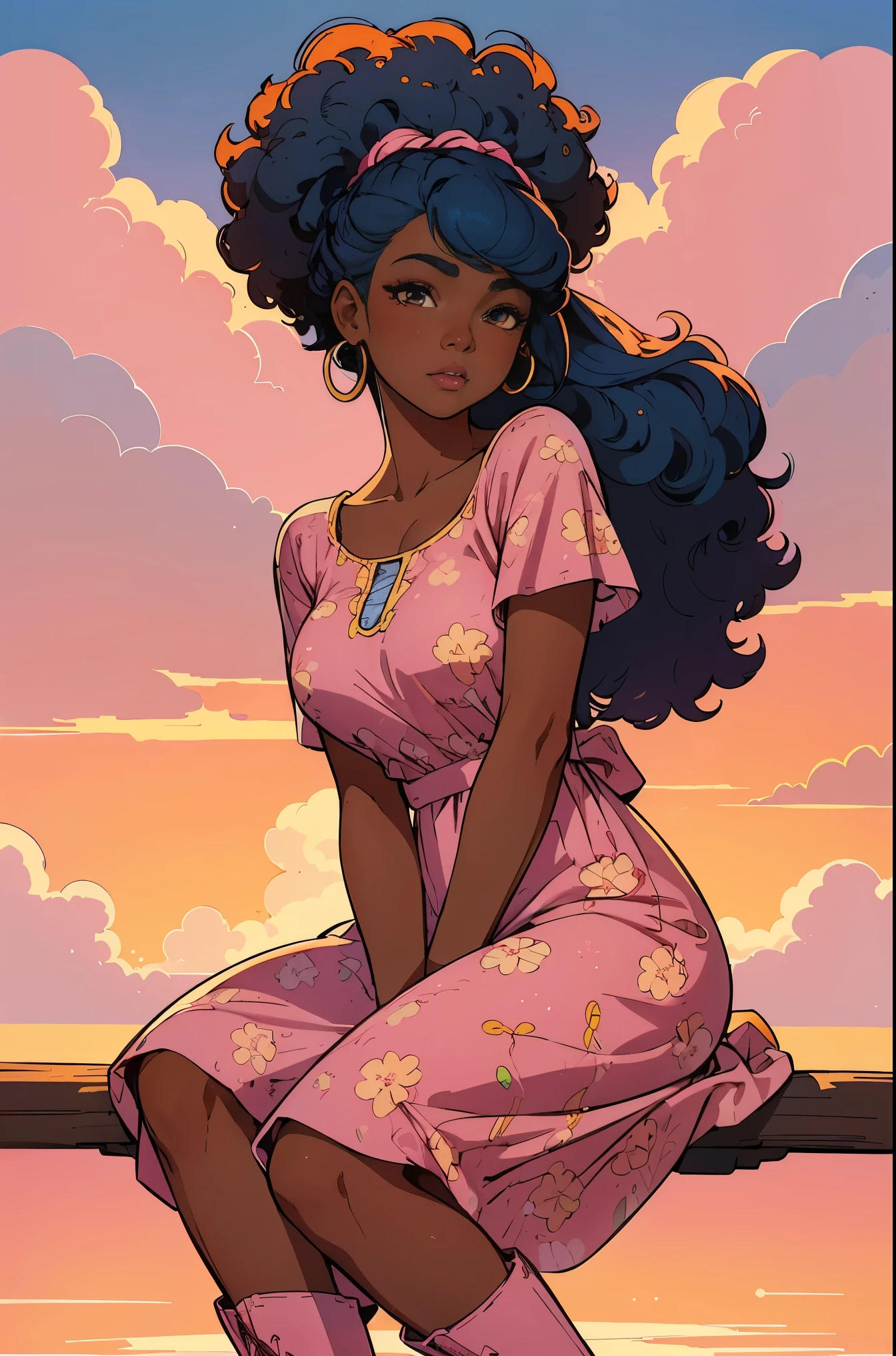(best quality:1.1),original,1girl,chic,trendy,afro,dark skin,makeup,1970's, blue hair, brown eyes An illustration of african american woman with natural hair, in the style of ross tran, a pink dress with a cute cloud print and cute pink boots, a gorgeous woman with extremely long hair in a ponytail with bangs, sitting on a soft pink cloud looking at a distant magical city far beneath her, at sunset --ar 2:3 --v 6.0 pink and orange, jessica drossin, bold block prints, michael malm, bold yet graceful, bold traditional