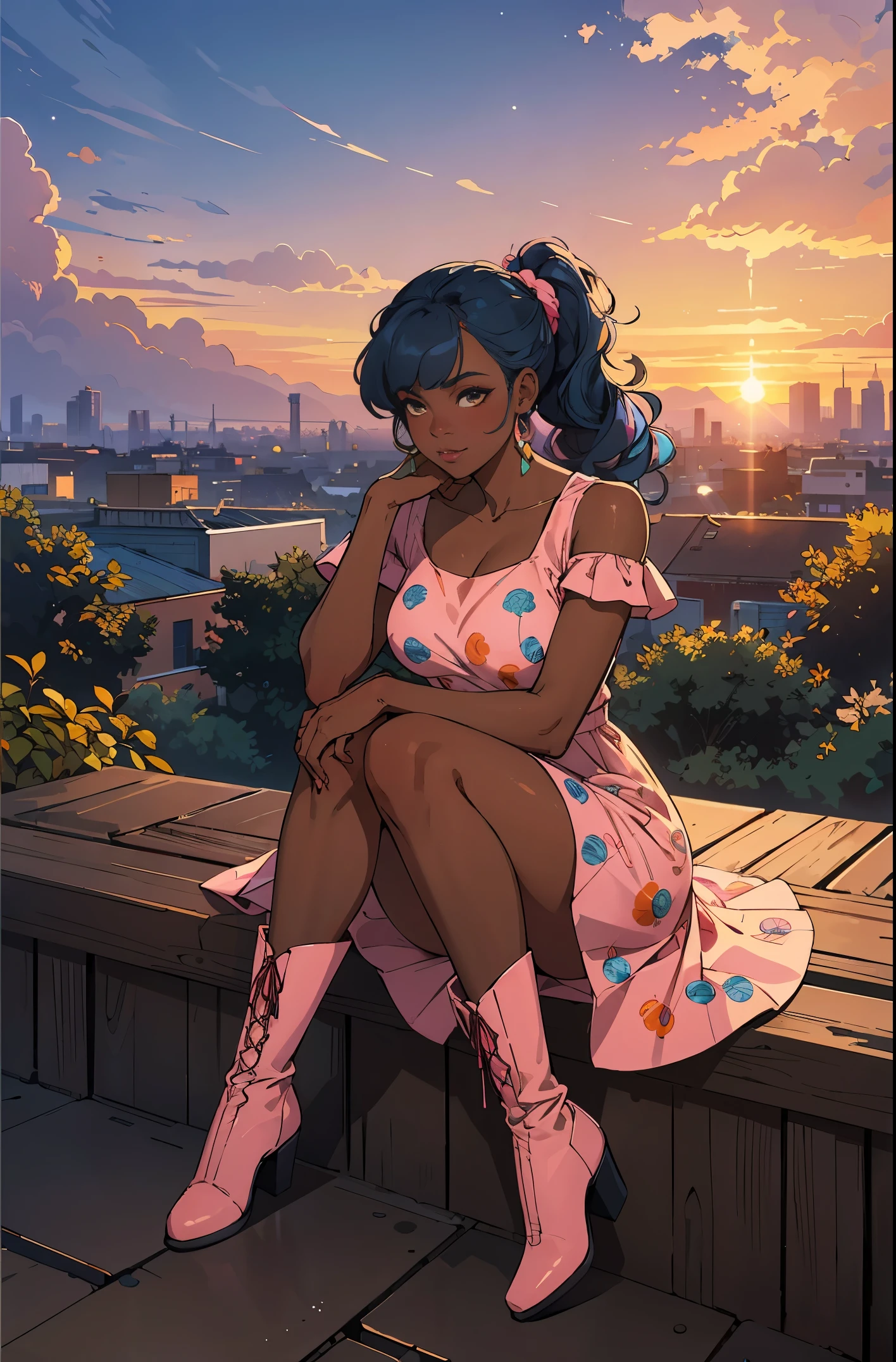 (best quality:1.1),original,1girl,chic,trendy,afro,dark skin,makeup,1970's, blue hair, brown eyes An illustration of african american woman with natural hair, in the style of ross tran, a pink dress with a cute cloud print and cute pink boots, a gorgeous woman with extremely long hair in a ponytail with bangs, sitting on a soft pink cloud looking at a distant magical city far beneath her, at sunset --ar 2:3 --v 6.0 pink and orange, jessica drossin, bold block prints, michael malm, bold yet graceful, bold traditional