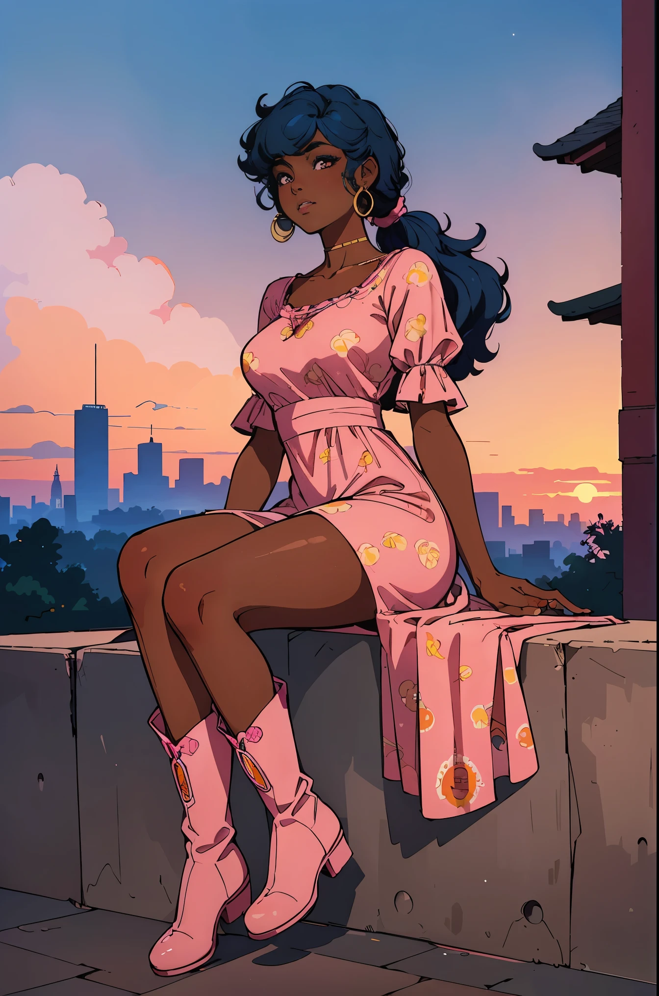 (best quality:1.1),original,1girl,chic,trendy,afro,dark skin,makeup,1970's, blue hair, brown eyes An illustration of african american woman with natural hair, in the style of ross tran, a pink dress with a cute cloud print and cute pink boots, a gorgeous woman with extremely long hair in a ponytail with bangs, sitting on a soft pink cloud looking at a distant magical city far beneath her, at sunset --ar 2:3 --v 6.0 pink and orange, jessica drossin, bold block prints, michael malm, bold yet graceful, bold traditional