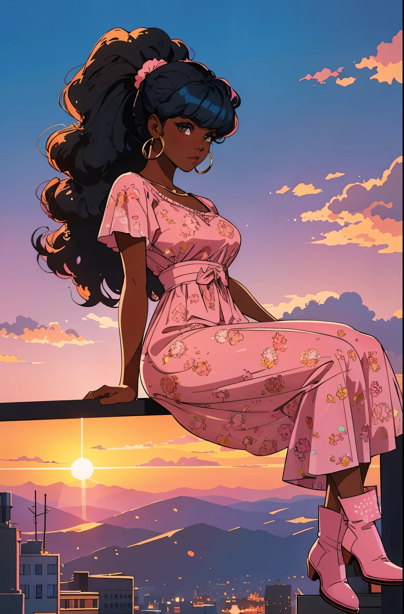 (best quality:1.1),original,1girl,chic,trendy,afro,dark skin,makeup,1970's, blue hair, brown eyes An illustration of african american woman with natural hair, in the style of ross tran, a pink dress with a cute cloud print and cute pink boots, a gorgeous woman with extremely long hair in a ponytail with bangs, sitting on a soft pink cloud looking at a distant magical city far beneath her, at sunset --ar 2:3 --v 6.0 pink and orange, jessica drossin, bold block prints, michael malm, bold yet graceful, bold traditional