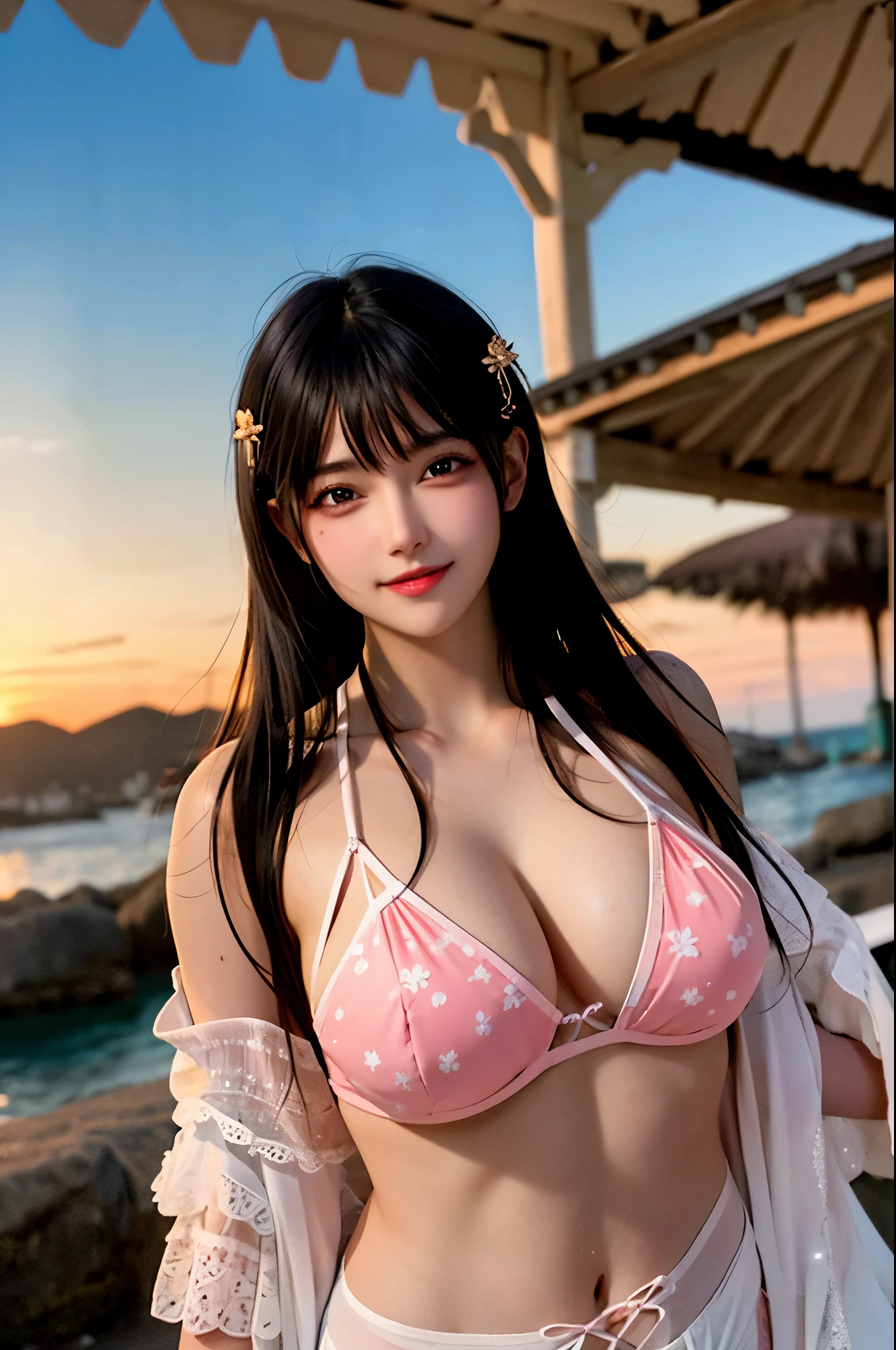 masterpiece, best quality, 1girl, looking at viewer, cute, bikini, (seascape), large breasts, pink eyes, himejima akeno, black hair, long hair, beautiful detailed eyes, beautiful detailed glow, lots of glow, arms behind head, embarrassed, (upper body:1.4)