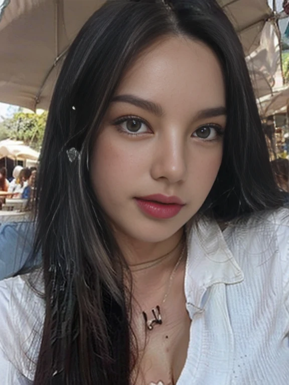 Foto de uma mulher morena de 20 anos, que tem um rosto muito natural, labios finos, olhos finos, sobrancelhas finas, nariz fino, brincos, long eyelashes. Ela faz uma selfie fofa na rua de Copacabana, andando e olhando para o espectador de corpo inteiro , com roupas brancas e pijamas azuis