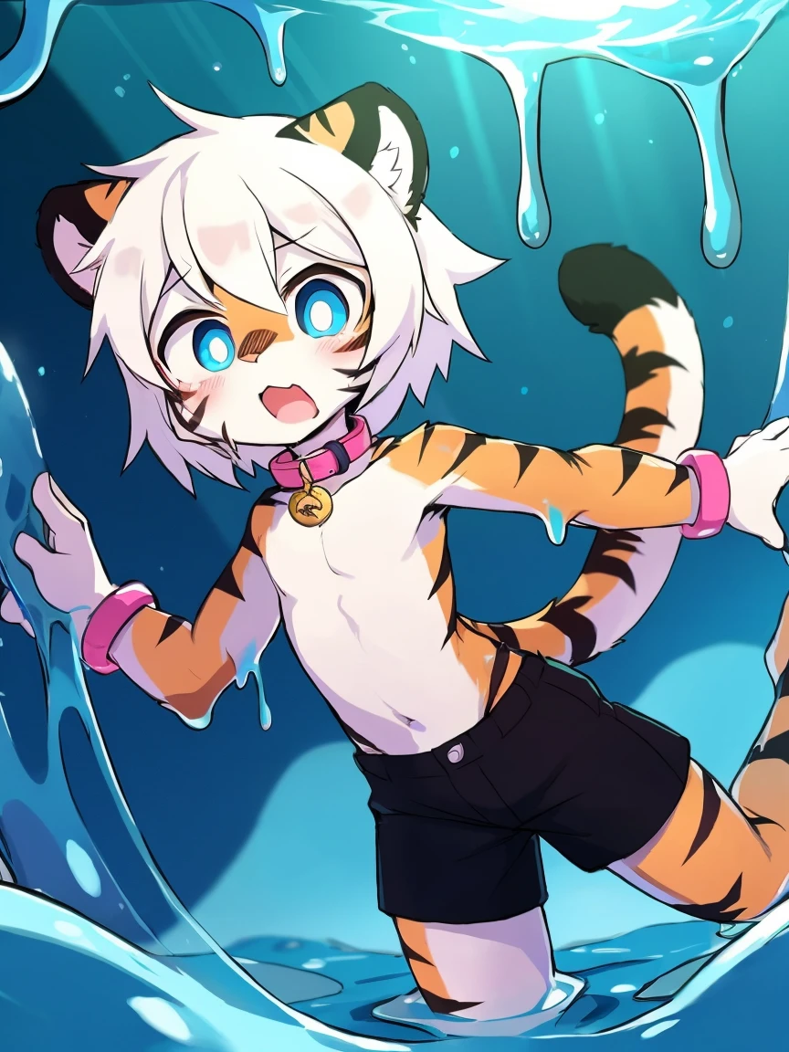 (4K,8k,best quality,meticulous details,Delicate light,Delicate short hair)Tiger cubs,white hair,dark blue pupils,there's something strange,adventure,Slime that exudes faint light,Slime dripping down,surprise,touch slime,史莱姆贴在Tiger cubs的臀部,black shorts,Big blue striped tail,Little fresh,Dive into the slime,Enter slime, Shota,Pink bracelet,Pink collar