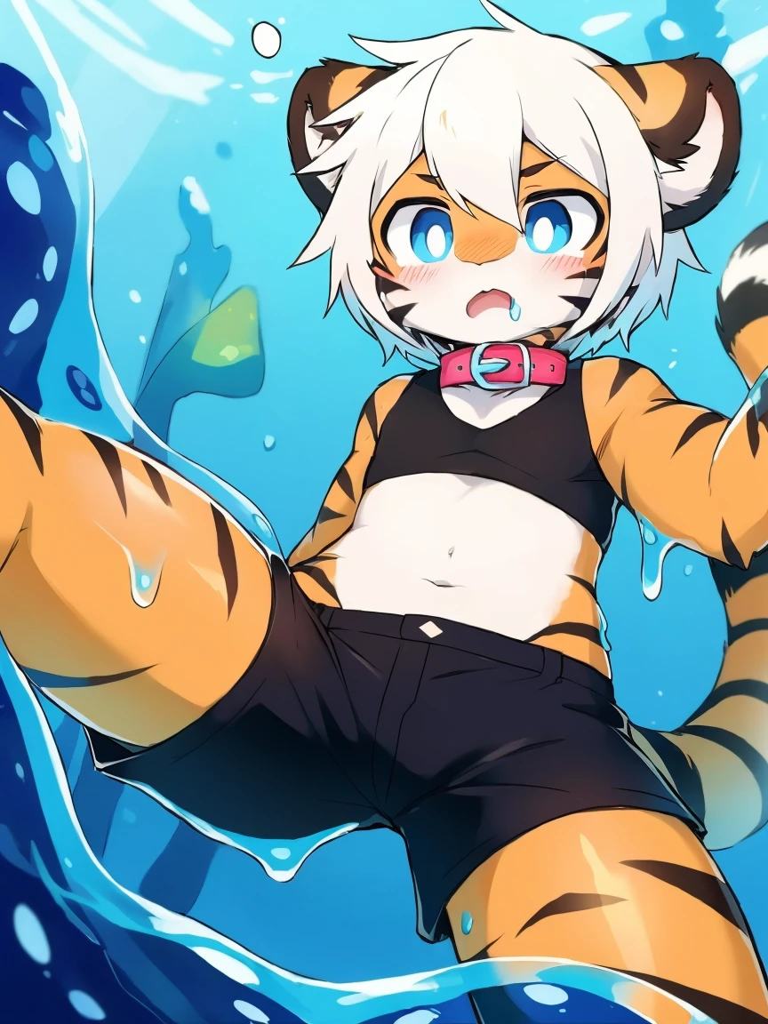(4K,8k,best quality,meticulous details,Delicate light,Delicate short hair)Tiger cubs,white hair,dark blue pupils,there's something strange,adventure,Slime that exudes faint light,Slime dripping down,surprise,touch slime,史莱姆抚摸Tiger cubs的胯部,black shorts,Big blue striped tail,Little fresh,Dive into the slime,Enter slime, Shota,Pink bracelet,Pink collar