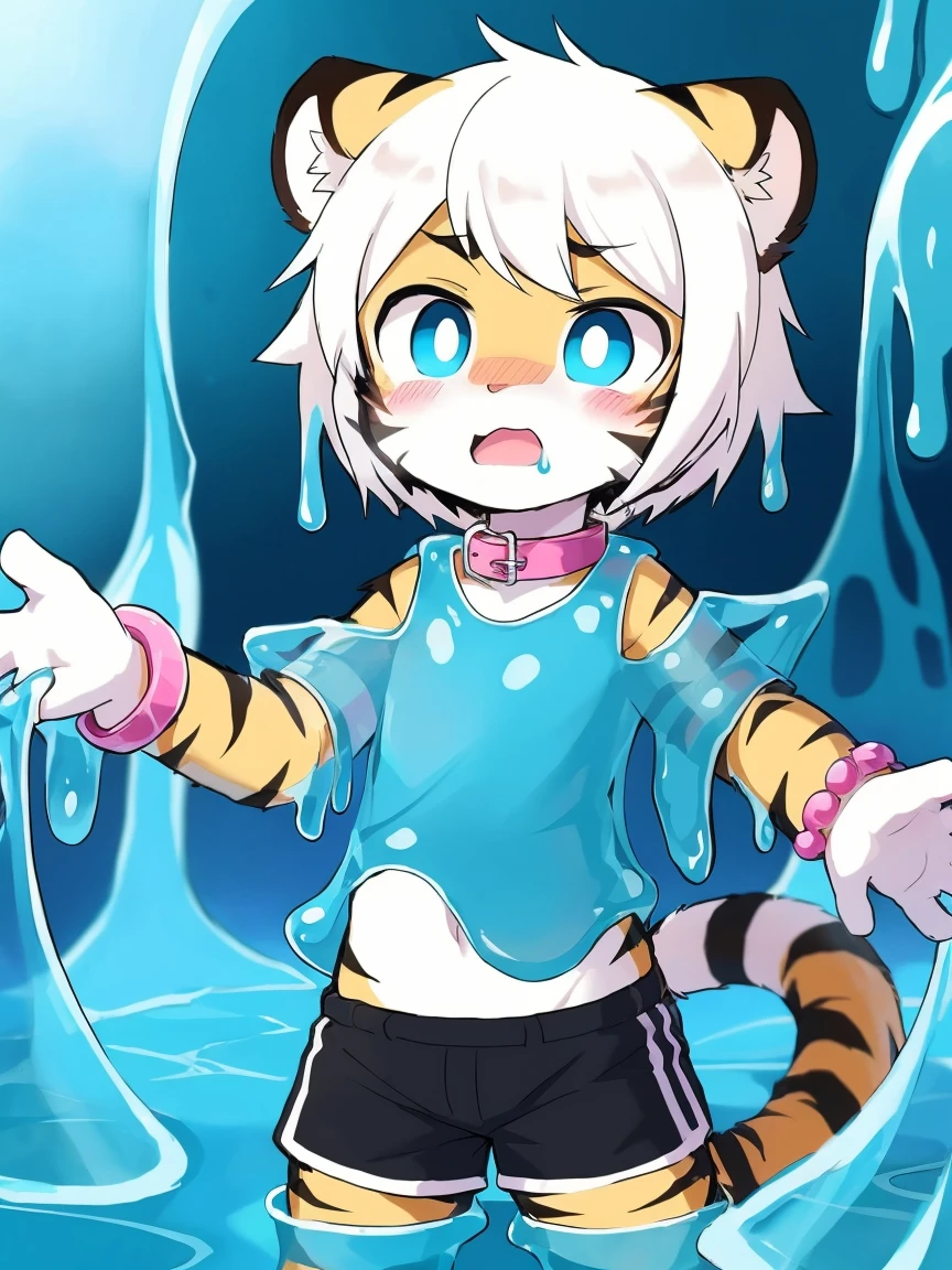 （4K，8k，best quality，meticulous details，Delicate light，Delicate short hair）Tiger cubs，white hair，dark blue pupils，there&#39;s something strange，adventure，Slime that exudes faint light，Slime dripping down，surprise，touch slime，史莱姆抚摸Tiger cubs的胯部，black shorts，Big blue striped tail，Little fresh，Dive into the slime，Enter slime， Shota，Pink bracelet，Pink collar