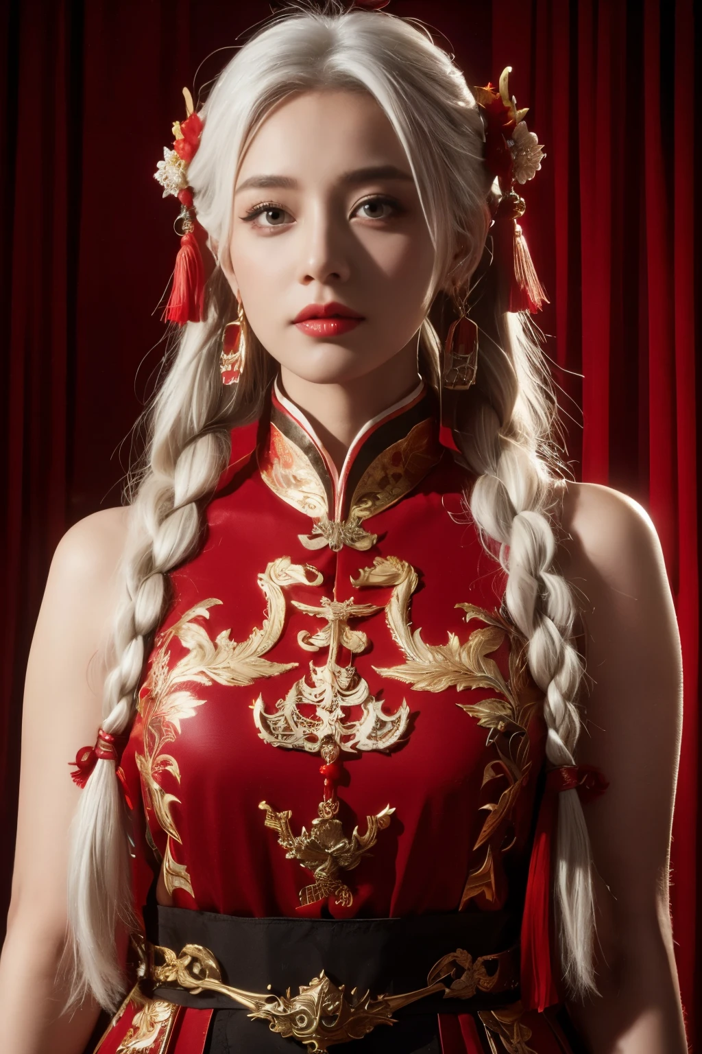 vibrant colors, female, masterpiece, sharp focus, best quality, depth of field, cinematic lighting, white hair, red eyes, braid, dress, long hair, red eyes, tattoo, earrings, jewelry, black dress, hair ornament, bangs, chinese clothes, breasts, china dress, sleeveless, 
