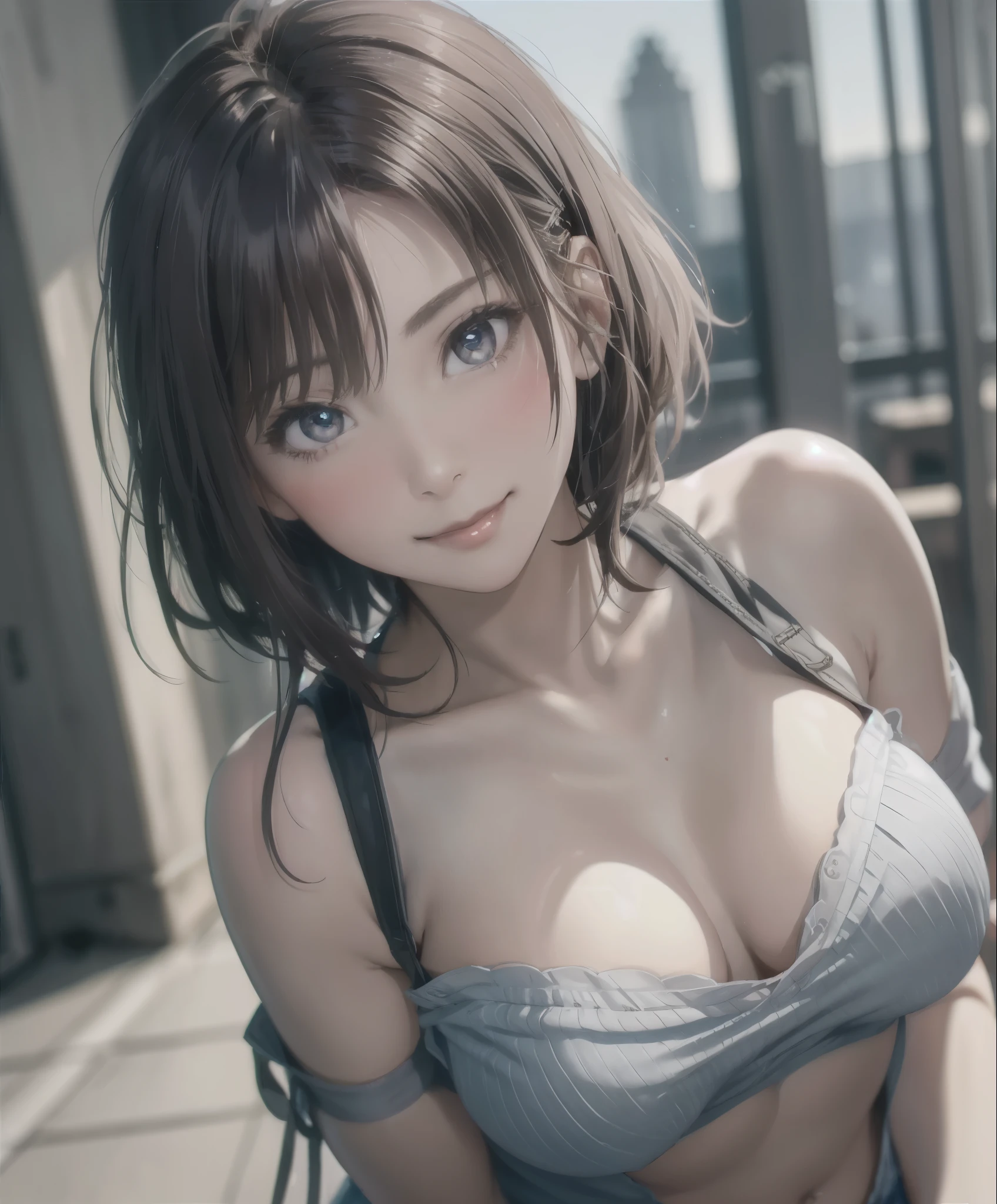 best quality, ultra high resolution, (lifelike: 1.4), beautiful Eyes, Super beautiful, very short hair, beautiful, sweetheart, Chubby T-shirt, beautiful Soldier, catch the audience's eyes, Lover's perspective, invitation expression, sexy smile, perfect style, Perfect balance, Delicate skin, naughty look, chest visible