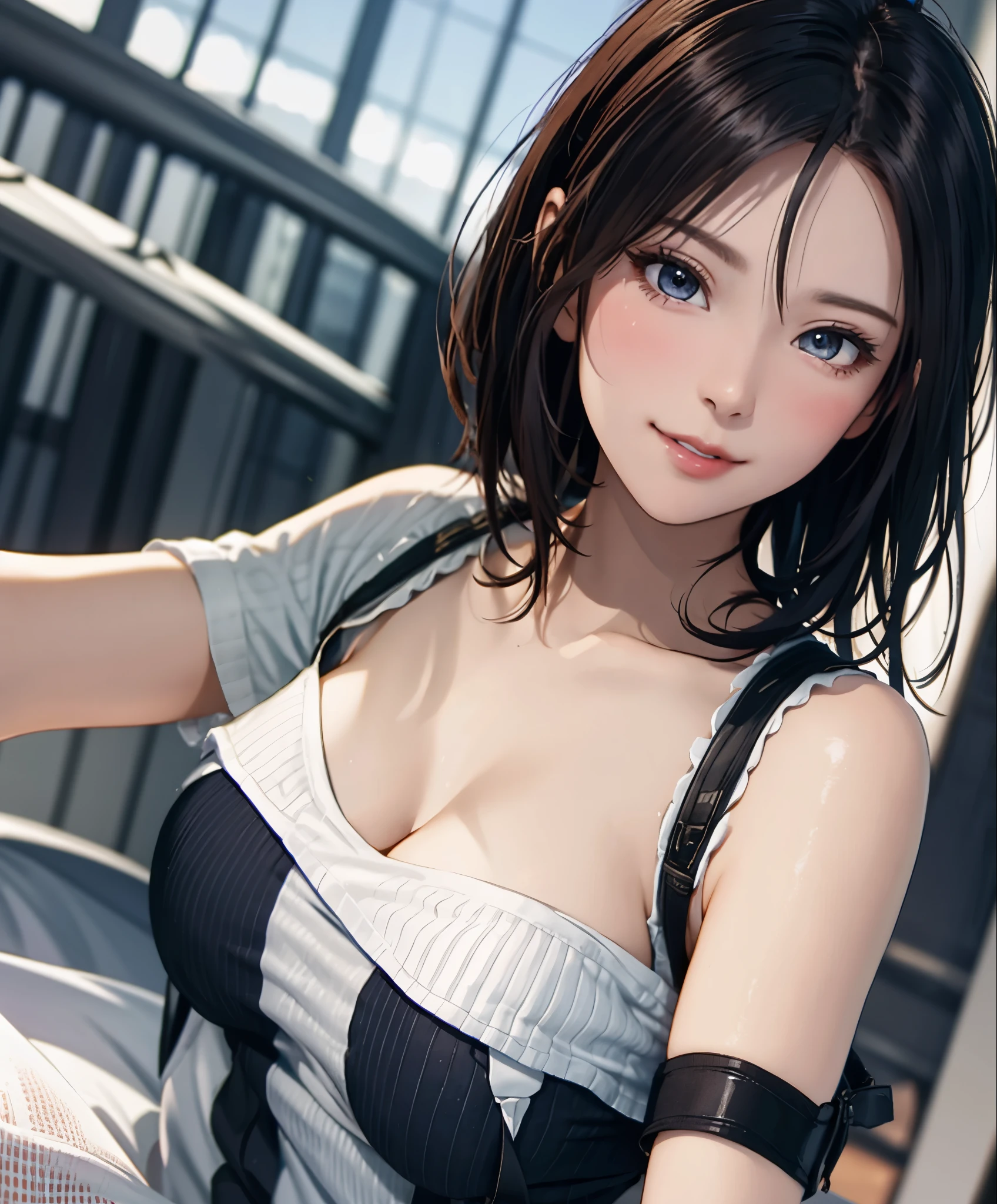 best quality, ultra high resolution, (lifelike: 1.4), beautiful Eyes, Super beautiful, very short hair, beautiful, sweetheart, Chubby T-shirt, beautiful Soldier, catch the audience's eyes, Lover's perspective, invitation expression, sexy smile, perfect style, Perfect balance, Delicate skin, naughty look, chest visible