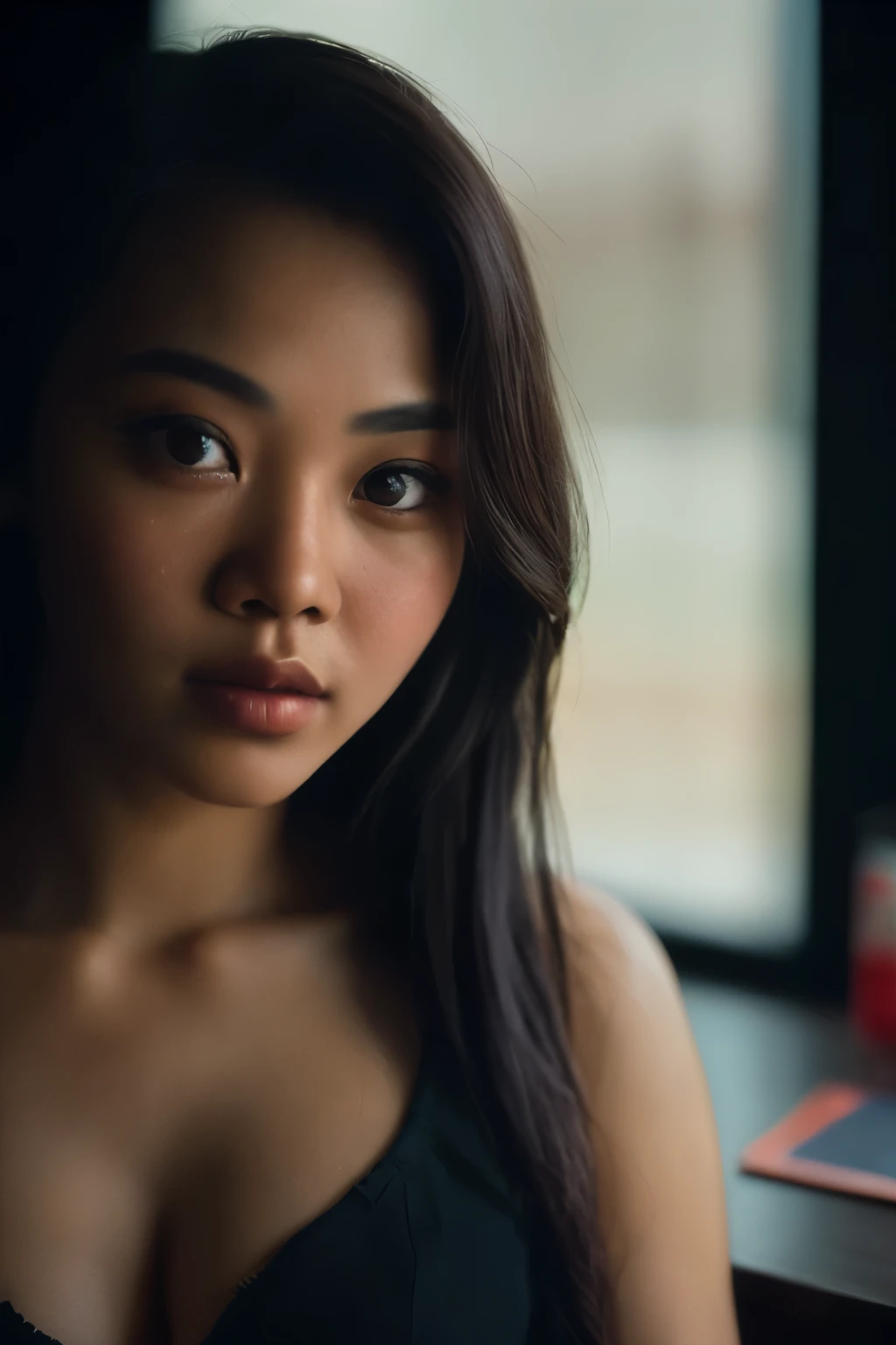 space, Bellydancer, sexy, cleavage, (close-up, editorial photograph of a 21 year old javanese woman), (highly detailed face:1.4) (smile:0.7) (background inside dark, moody, private study:1.3) POV, by lee jeffries, nikon d850, film stock photograph ,4 kodak portra 400 ,camera f1.6 lens ,rich colors ,hyper realistic ,lifelike texture, dramatic lighting , cinestill 800,