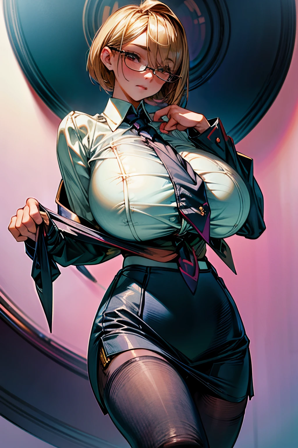 (8K, top-quality, masterpiece: 1.2), (realistic, Photorealistic: 1.2), Intelligent secretary with a curvaceous figure, wearing a (well-tailored business suit:1.5), (Busty: 1.5), (Elegant posture: 1.3), Sitting at a desk, (Beautifully detailed eyes: 1.5), (Blonde hair: 1), (short hair: 1.1), Wearing glasses with a professional look, (Her suit jacket and white shirts are buttoned:1.5), (Polished shoes: 1.1), (Detailed suit fabric: 1.0), gigantic breasts, thigh high stockings, (necktie:1.5), (middle skirt:1.5)