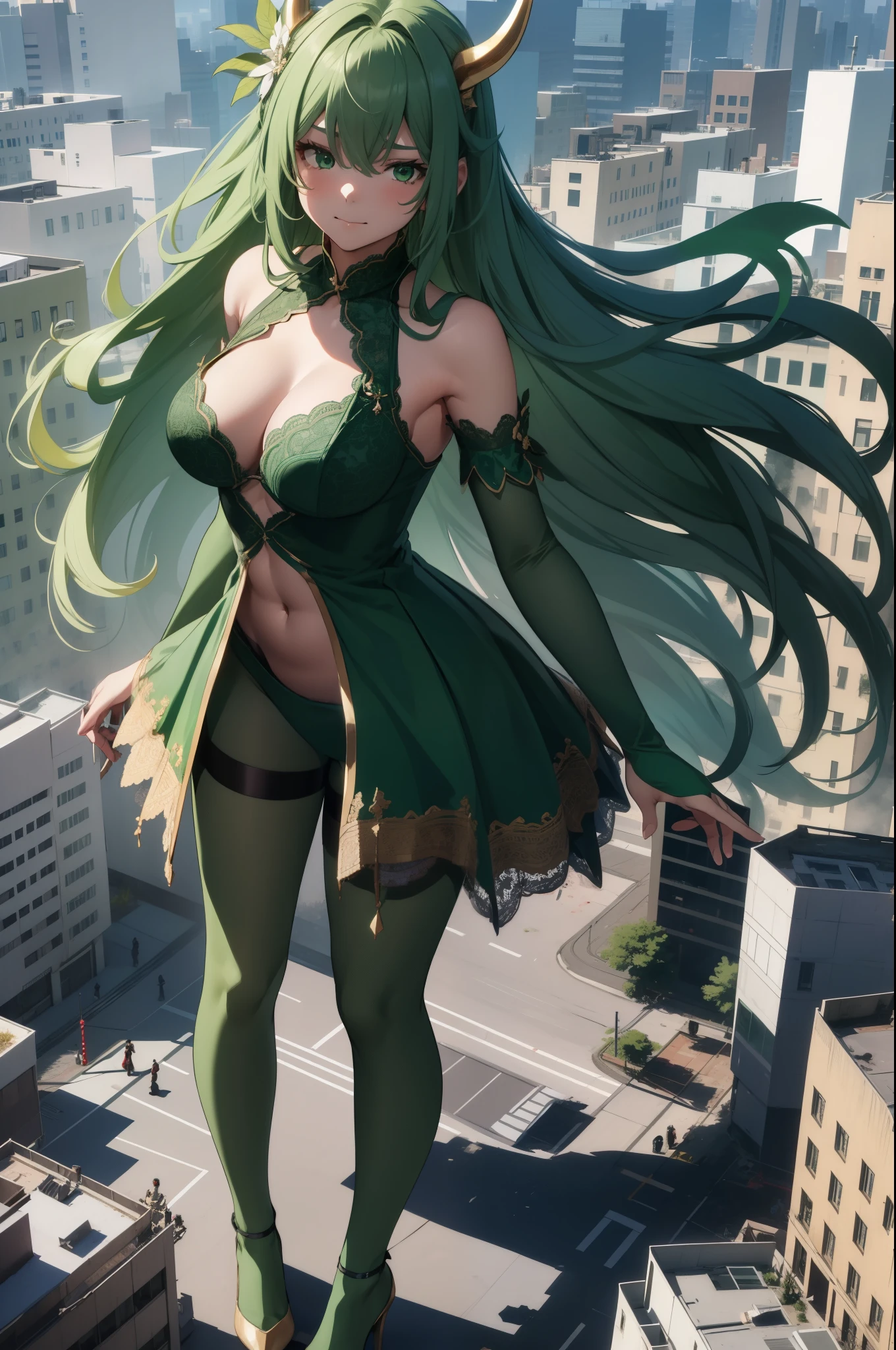 Aerial View,giant girl 50,000 feet high,Weight 1000kg,Have a pair of long legs,Has a pair of huge green angel wings,With huge devil horns on his head,Has waist-length green hair,loose hair,green wavy hair,Wearing a pair of green Mary Jane high heels,Green lace gloves,Green lace pantyhose,绿色蕾丝whole body,Standing upright on a small city,Beautiful appearance,Exquisite makeup,quality,8k,高quality,Perfect proportion, Cinema lighting,film grain,Fuji colors,8k,textured skin,Super details,high detail,high resolution,fake smile,blood stains,脚底有blood stains,whole body,Obese,feather