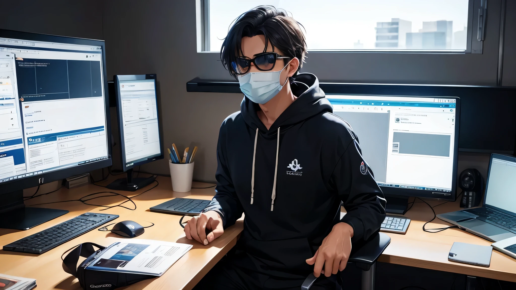 Anime friendly looking male business character is wearing a face mask, hoodie and sunglasses. He is sitting behind his laptop in his studio, arms on his desk. It is night. The room is minimalistic. He is front facing to the camera, looking straight and centered, central portrait, sitting straight, front view, centered looking straight. The overall ambiance of the image should convey a connection to minimalism, flat illustration, bold line, minimalism, simplified, gouache illustration. 8k resolution