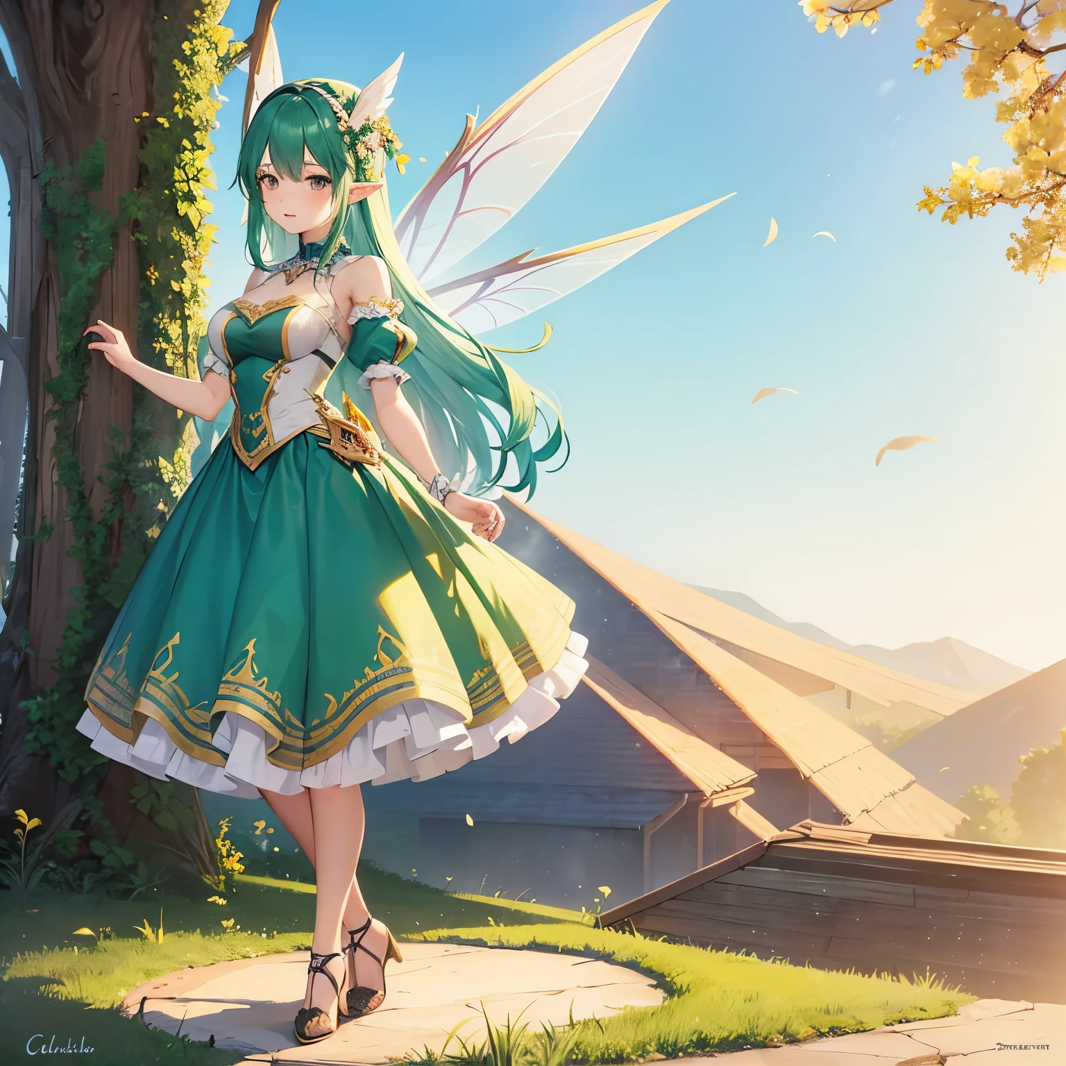 Adult 25 years old woman Flying fairy wearing fairy clothes design outfit , detailed fairy clothes outfit , character design , standing full body facing toward the camera