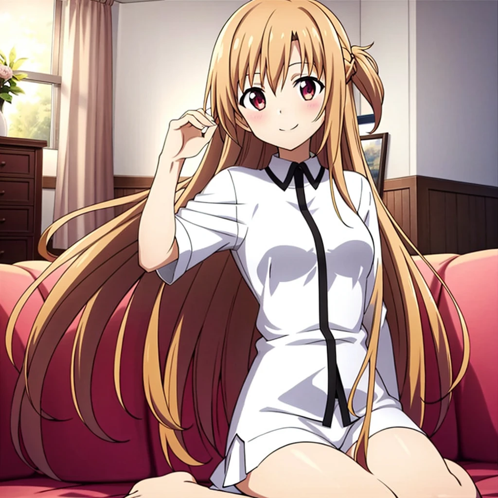 (extraordinary、Best aesthetic、new、up to date、best quality、masterpiece、very detailed、anime、wife:1.2)、1 girl、yuuki_asuna、solo、white shirt、Living room background、white panties、smile