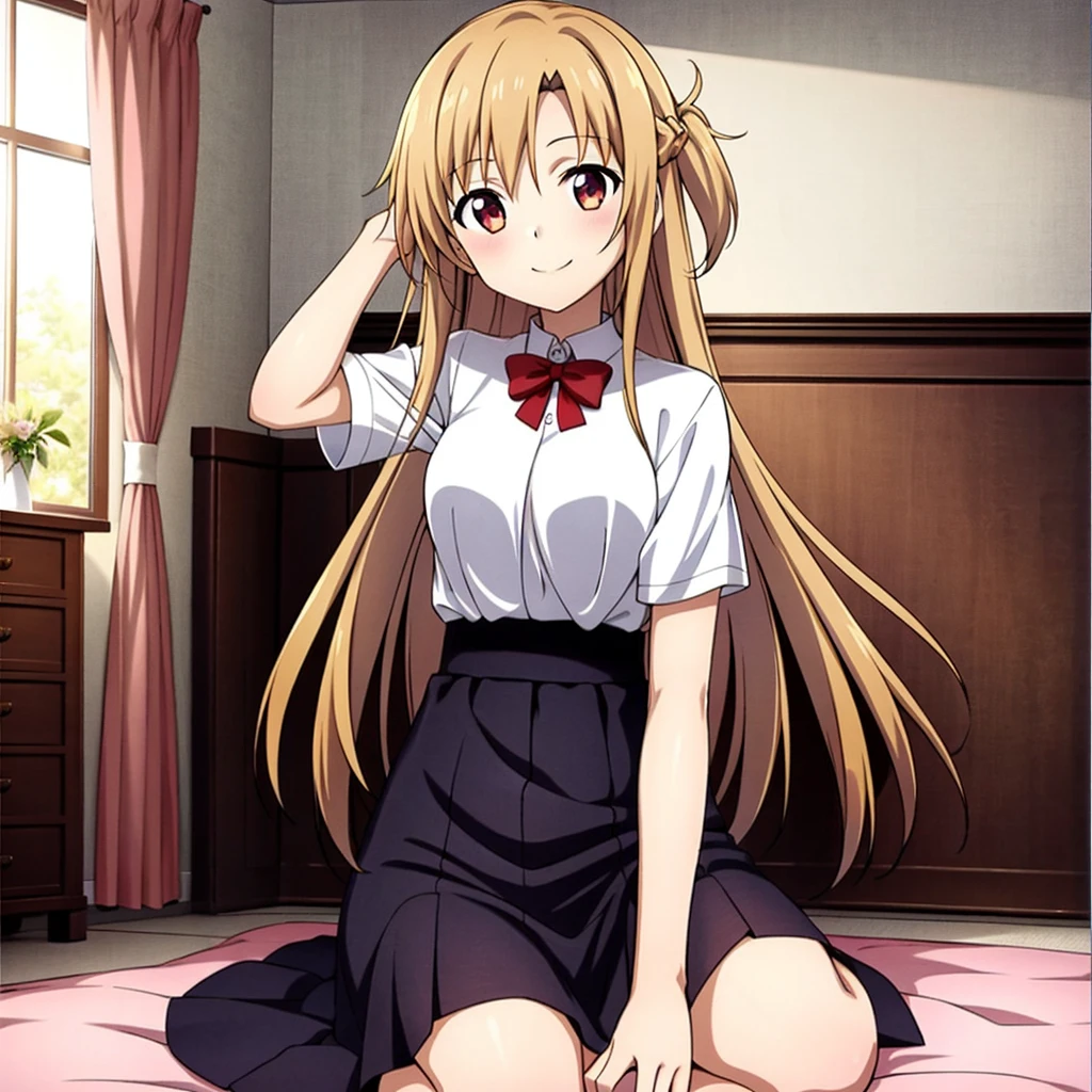 (extraordinary、Best aesthetic、new、up to date、best quality、masterpiece、very detailed、anime、wife:1.2)、1 girl、yuuki_asuna、solo、white shirt、Living room background、white panties、smile