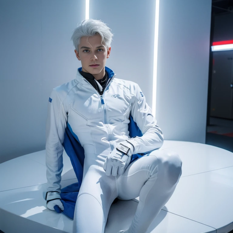 body suit, white and blue tight suit, sexy futuristic suit, white gauntlets, white gloves, white hands, skin tight bodysuit, toned male, teenager, young male, erotic bodysuit, futuristic, sci fi, hands seen, hair visible, solo male, full body seen, white hair, full body, large thighs, beautiful face ,handsome , Watching Viewers True 4K light and shadow , eroticism ,puffy nipples, swollen nipples ,fat buttock , gluteal fold, fitness, spread legs, half undressed bodysuit , unzip bodysuit