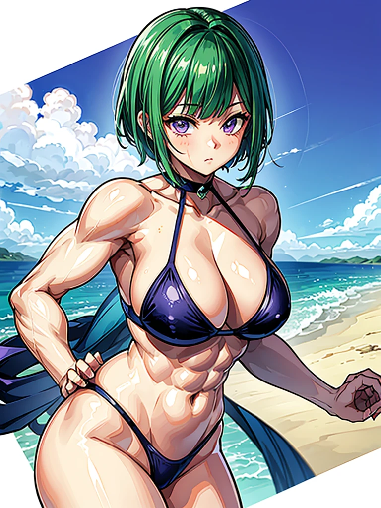 (((masterpiece、Highest image quality、highest quality、highly detailed unity 8kwallpaper)))、((Illustration of one girl))、(((beautiful girl)))、((green hair、pixie cut:1.3、sidelocks、purple eyes))、(stocky build, thickset physique, muscular legs, broad shoulders:1.2, solid chest:1.3)、swimsuit、sandy beach