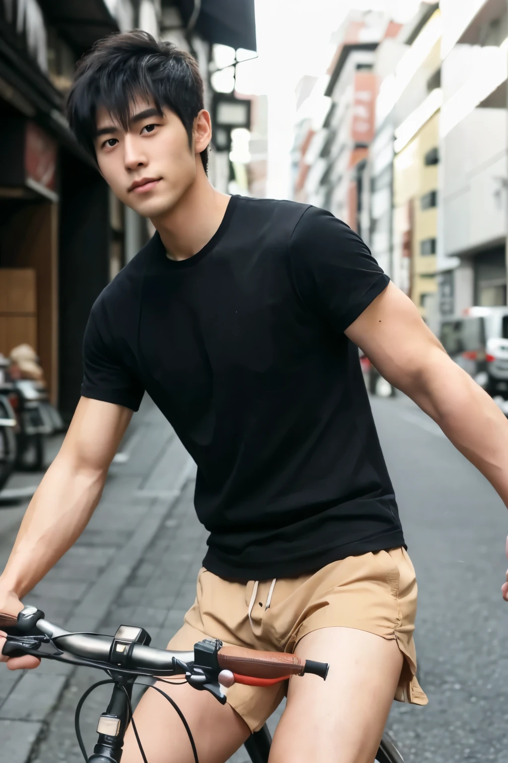 hairy legs, hairy legs, Riding a bicycle, whole body, hairy legs, muscular and toned legs, two block, long legs, Japan male, 27 years old, Thin beard, wearing beige shorts, wearing a black T-shirt, very short hair, black hair
