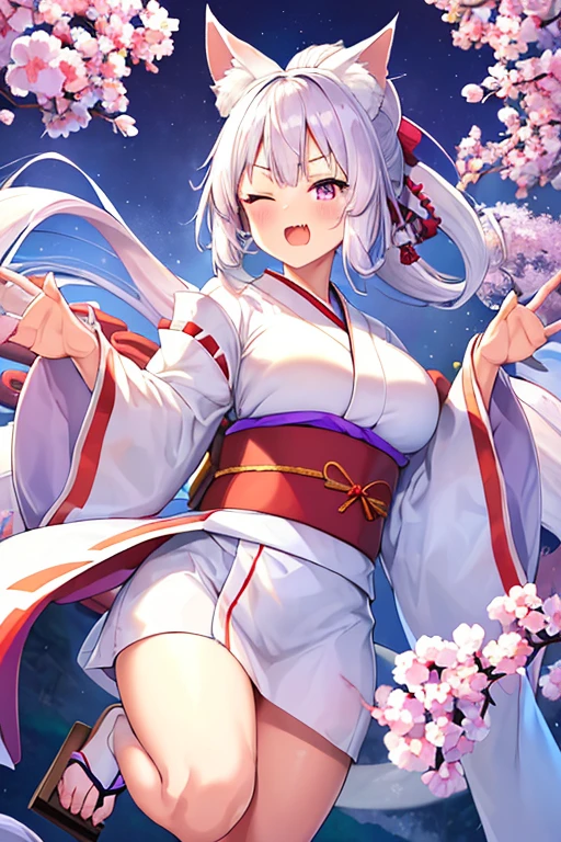 animal ears, 1girl,huge breast,dynamic angle,
 japanese clothes, white hair, kimono, open mouth, long hair, fox ears, fang, purple eyes, day, sky, wide sleeves, bangs, outdoors, long sleeves, blush, sleeves past wrists, animal ear fluff, solo, sash, very long hair, looking at viewer, east asian architecture, hagoromo,  cloud, shawl, white kimono, obi, itako_v1、touhoku itako,white hair,very long hair,fox ears, purple eyes, ponytail, hair ornament,parted bangs, japanese clothes,white kimono,geta,tabi,
(fighting stance:1.2), 
one eye closed,happy,
