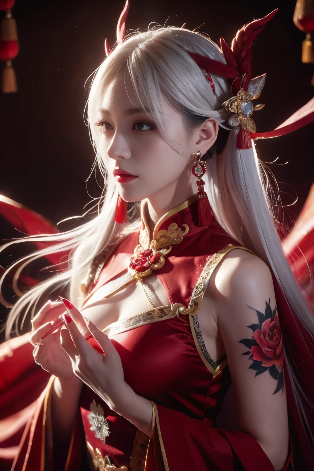 vibrant colors, female, masterpiece, sharp focus, best quality, depth of field, cinematic lighting, white hair, red eyes, braid, dress, long hair, red eyes, tattoo, earrings, jewelry, black dress, hair ornament, bangs, chinese clothes, breasts, china dress, sleeveless,