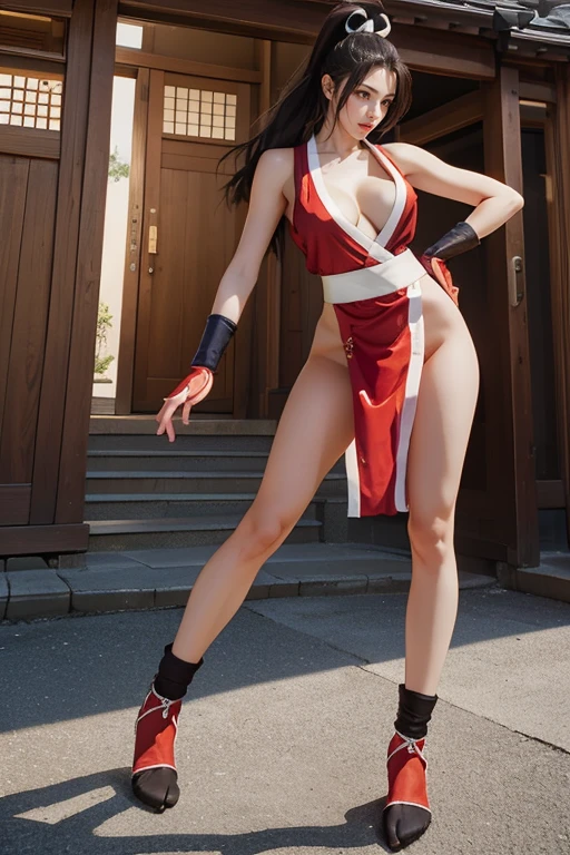 (mai shiranui:1.5), (tabi:1.7), (Full body portrait:1.6), Full body, (Realism), (master piece:1.5), (Best Quality), (ultra-detailliert), (8K, 4K, Convoluted), (Flat Lighting:1.2), (skinny), Prestige, Brown eyes, Long hair, brown eyes, long hair, brown hair, white ribbon, sleeveless, ponytail, sash, pelvic curtain, arm guards, gloves, tabi, fascinated expression, Sexy eyes, slim, medium breasts, Smile, Cute, view the viewer, Long hair, Close to Japan temple, (breasts focus:1.2), (Realistic:1.2), (Full Shot: 1.2), (85 mm), light Particle, Lighting, (Highly detailed:1.2), (Detailed face:1.2), (gradients), SFV, Colorful, (Detailed eyes:1.2), (Detailed temples of Japan: 1.2),(Detailed background), (Dynamic Angle:1.2), (Dynamic Pose:1.2), (Line of action:1.2), Wide Shot, Daylight, Solo.