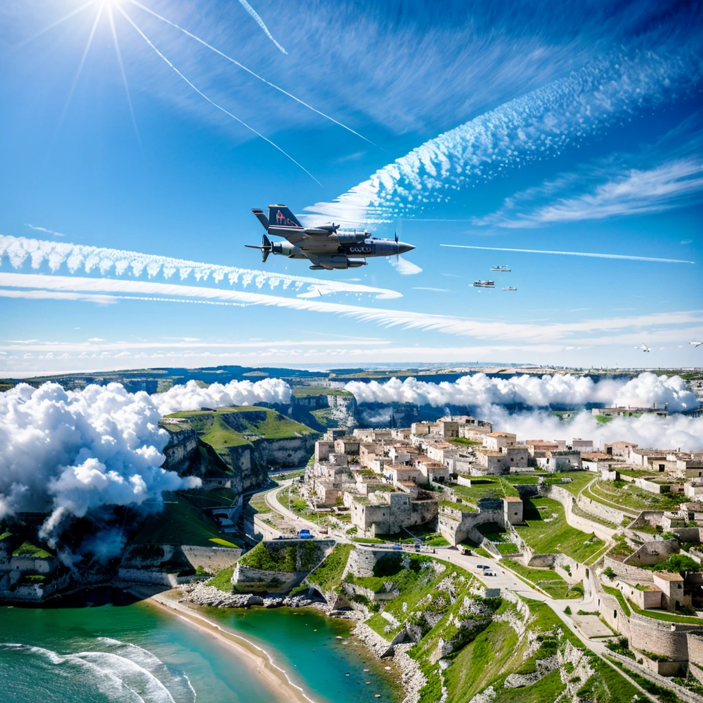 military planes flight over the town of Matera, chemtrails in the sky cover flying planes from view. Wide angle view. Photorealistic image.