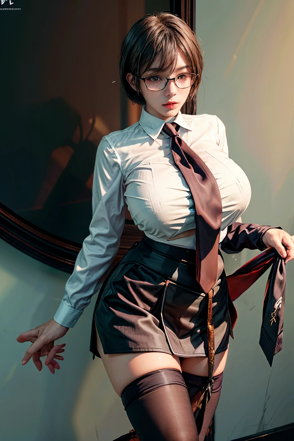 (8K, top-quality, masterpiece: 1.2), (realistic, Photorealistic: 1.2), Intelligent secretary with a curvaceous figure, wearing a (well-tailored business suit:1.5), (Busty: 1.5), (Elegant posture: 1.3), Sitting at a desk, (Beautifully detailed eyes: 1.5), (Blonde hair: 1), (short hair: 1.1), Wearing glasses with a professional look, (Her suit jacket and white shirts are buttoned:1.5), (Polished shoes: 1.1), (Detailed suit fabric: 1.0), gigantic breasts, thigh high stockings, (necktie:1.5), (middle skirt:1.5)