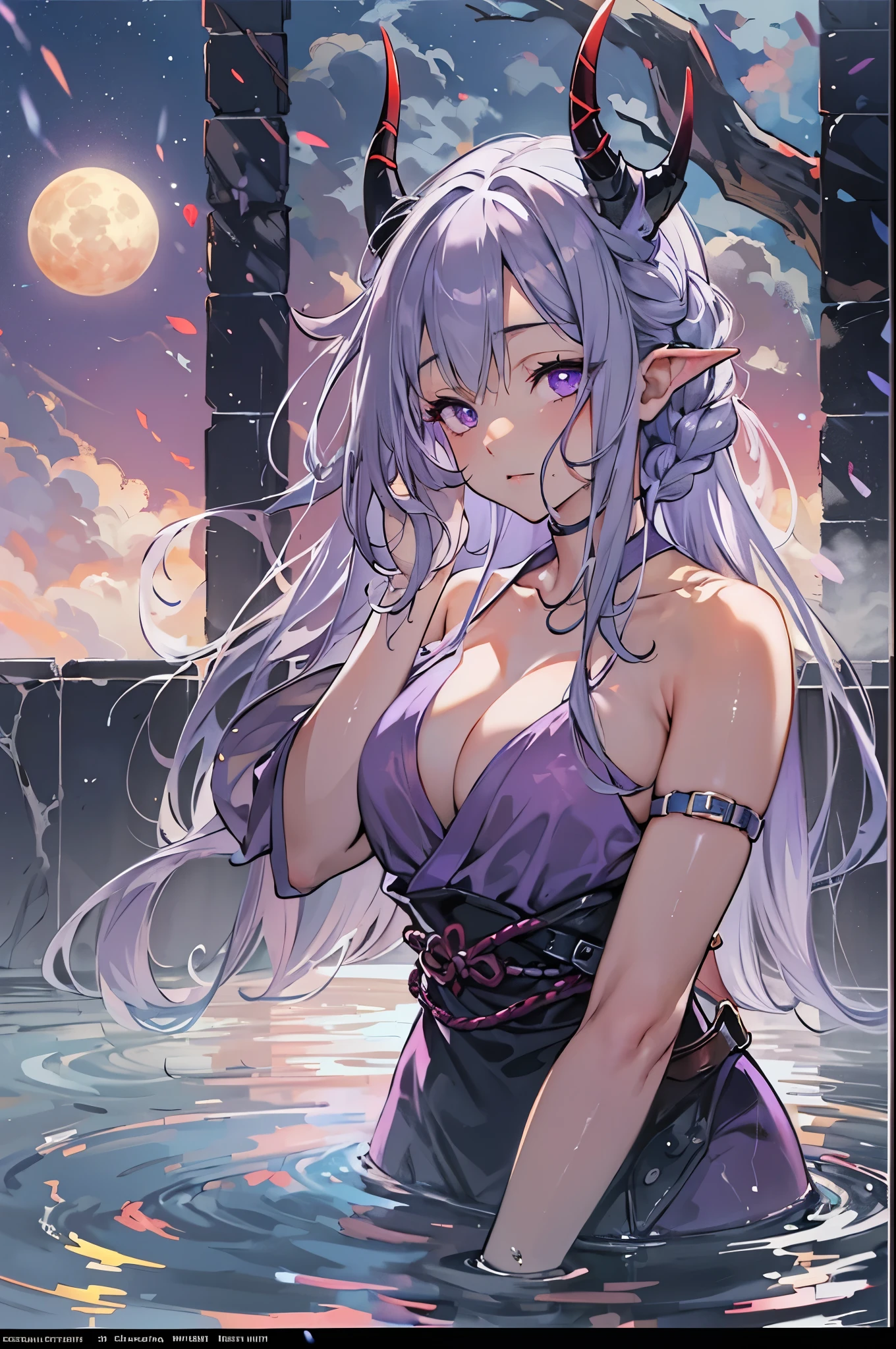 (masterpiece, best quality:1.2), nsfw, (1girl, solo), 20years old, (gray hair, twin braid), (purple demon horns, purple eyes), normal ears, towel wrapped around the body, soaking in the Japanese hot spring, (steam:1.1), side view, look up to night sky, full moon