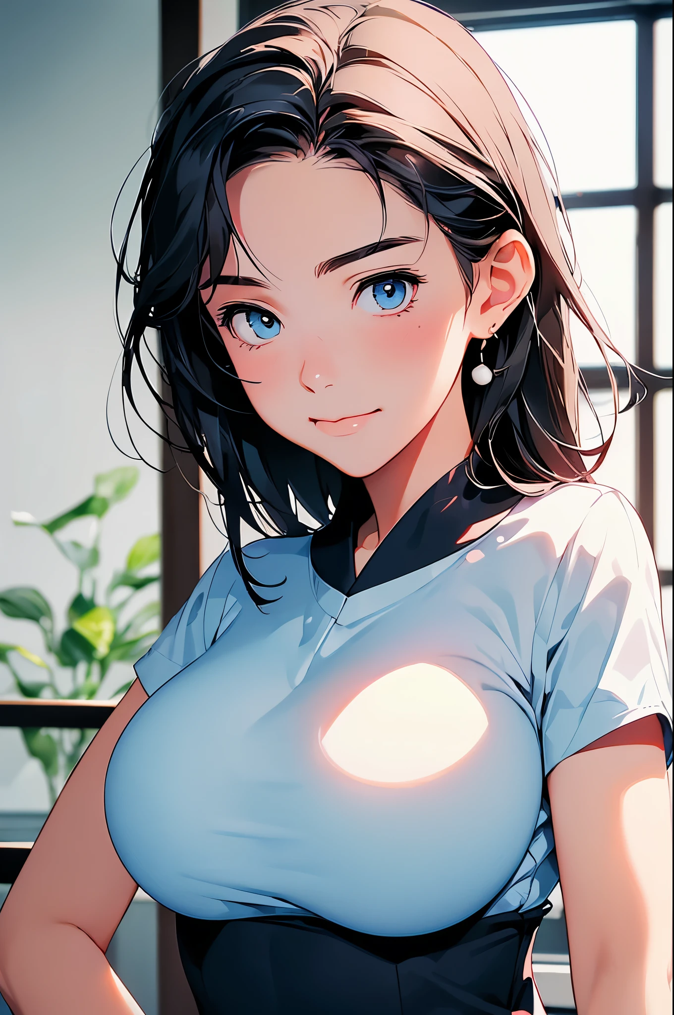 Very big breasts, female student, Sailor school uniform, Japanese female student,
smiling, ((blush)), close up, Throw, Concentrate on face and chest, (masterpiece, top quality, perfect anatomy, pretty face, actual, super detailed, 1 名girl, 18 Old Age Solo, depth of field, Canon 24mm lens, f1.4, Lovely_girl, collar, clear facial features,, big breasts, huge breasts, Slender figure, Height 180 cm, barefoot, light blue short hair, blue eyes , sculptural pose, indoor, City park blurred background, (Shang Baomu: 1.1576),