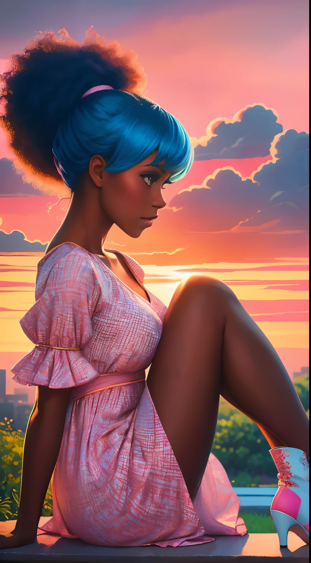 (best quality:1.1),original,1girl,chic,trendy,afro,dark skin,makeup,1970's, blue hair, brown eyes An illustration of african american woman with natural hair, in the style of ross tran, a pink dress with a cute cloud print and cute pink boots, a gorgeous woman with extremely long hair in a ponytail with bangs, sitting on a soft pink cloud looking at a distant magical city far beneath her, at sunset --ar 2:3 --v 6.0 pink and orange, jessica drossin, bold block prints, michael malm, bold yet graceful, bold traditional