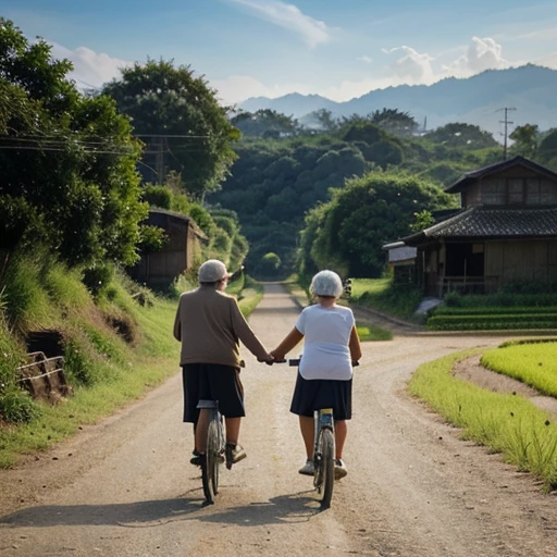 An old man leads a bicycle and an old woman walks beside him. Happy smiling face There are clear details of the face on a country road with rice fields in the background. The picture is clear and beautiful and realistic. Use a DSLR camera to take the photo. Taken by a professional Evening sunlight, masterpiece, high quality