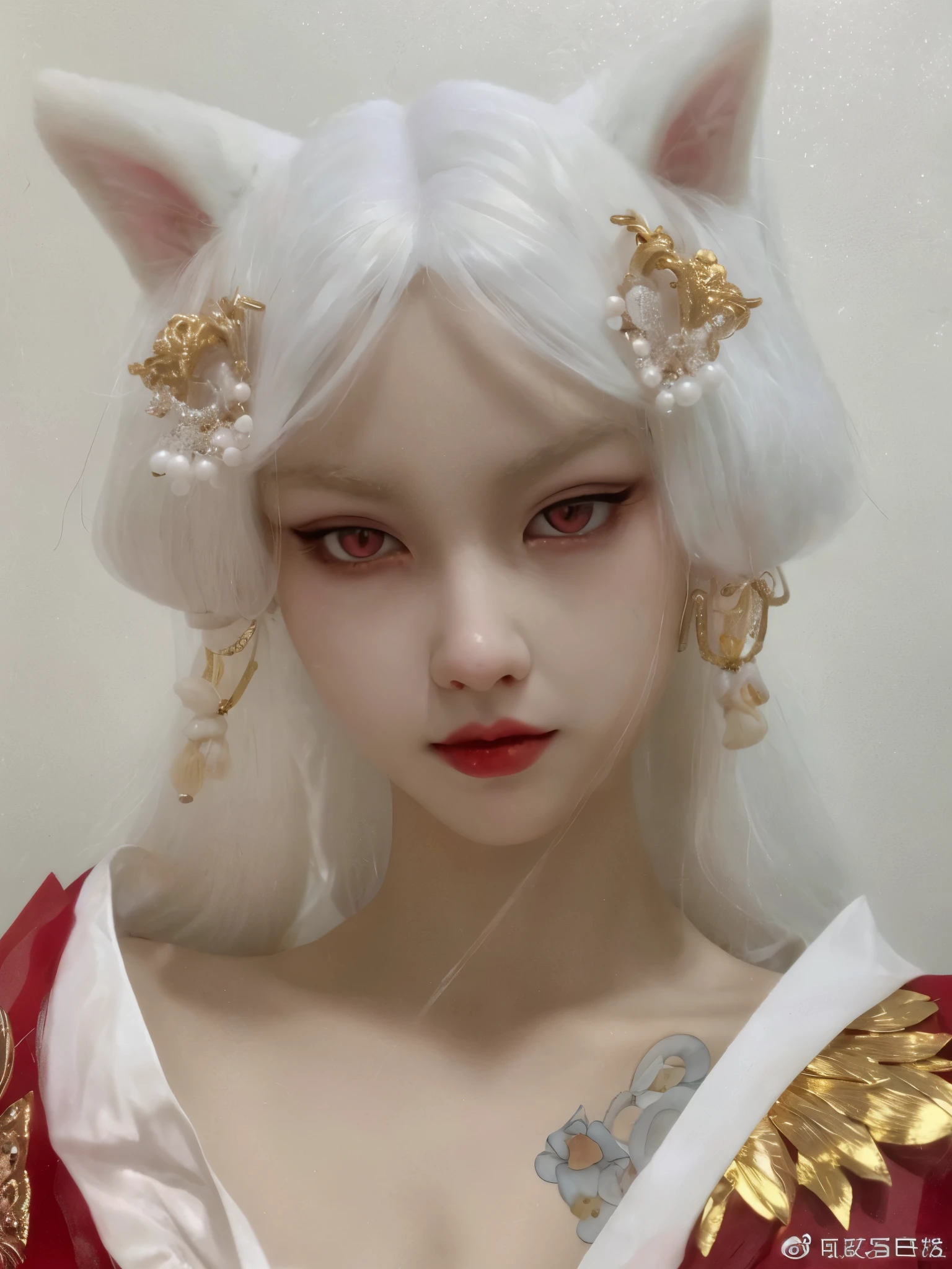 a close up of a doll with white hair and a red dress, white cat girl, pale milky white porcelain skin, white hime cut hairstyle, pale porcelain white skin, she has elf ears and gold eyes, guweiz masterpiece, guweiz, porcelain white face, white fox ears, porcelain white skin, ball jointed doll, white ( cat ) blackpink rosé