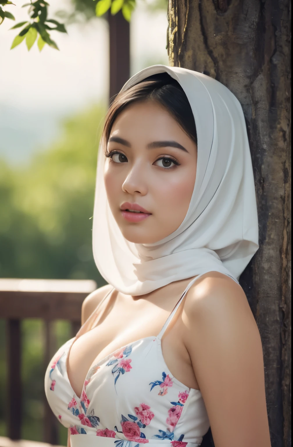 party, (Close-up of the painting style，Ultra HD 8K，Masterpiece grade CG wallpaper)，Cinematic lighting，cute girly，Delicate and beautiful face，Dreamy pupils，Wearing a small floral short summerdress,round waist,hijabi,Bust poem,Sit，Cloudy background,the trees,florals,夏天,Chinese style buildings, cleavage, magical