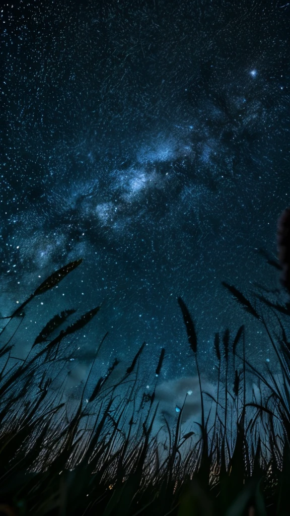 The night before dawn，Gaze through the flowers，Looking up at the sky from a low angle，grassland，Close up is tall grass，One，The sky in the distance，Shining starry sky，nebula,sky full of stars, Amazing concept art, beautiful fantasy painting, magnificent background，no humans，no animals，no shooting stars